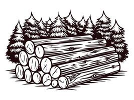 Pile of timber logs in forest with evergreen trees at woodland vector