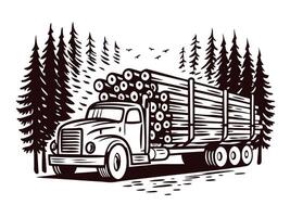 Classic timber truck navigating forest landscape with tall pine trees and birds in flight vector