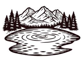 Scenic mountain landscape with lake and pine trees in rustic black and white artwork vector
