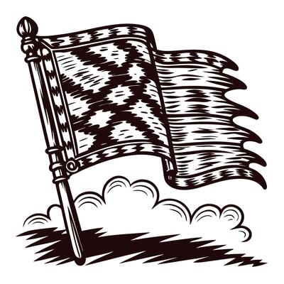 Vintage checkered racing flag with clouds and wind effect