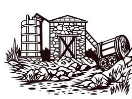 Old mining structure with rock debris and wooden cart in rustic landscape vector