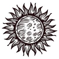 Artistic sun design featuring intricate patterns and dynamic solar rays in monochrome vector