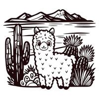 Cute llama in desert landscape with cacti and mountains in the background vector