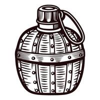 Vintage wood and metal flask with strap and rivets in monochrome vector