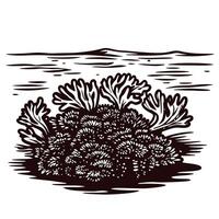 Intricate line art of lush ocean coral reef with waves in background vector