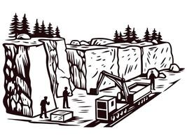Industrial quarry with workers and machinery in rugged terrain adorned by pine trees vector
