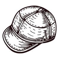 Baseball cap sketch in black and white line art with detailed stitching and texture vector