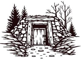 Entrance to an abandoned mine in winter forest with leafless trees and rocky pathway vector