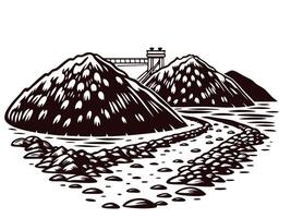 Mountainous terrain and watchtower overlooking rocky river in monochrome artwork vector