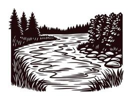 Scenic river flowing through forest with rocks and trees in black and white art vector