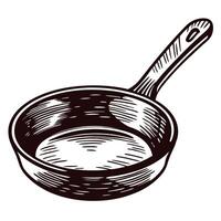 Hand drawn of a frying pan with a long handle in vintage vector