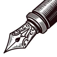 Detailed of vintage fountain pen nib with intricate design elements in black and white vector