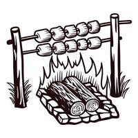Roasting marshmallows over an open campfire with logs on a rustic outdoor grill vector