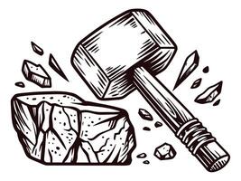 Hammer breaking stone with flying debris in dynamic black and white vector