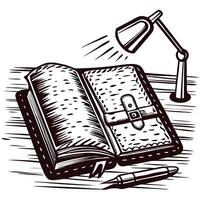 Sketch of open leather journal and desk lamp with pen on wooden surface vector