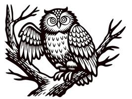 Intricate owl perched on bare tree branch in detailed black and white design vector