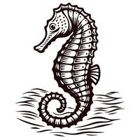 Intricate seahorse with ocean waves and detailed patterns in monochrome vector