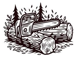 Chainsaw cutting through logs in forest setting with evergreen trees vector