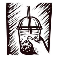 Hand holding bubble tea in sketch with straw and lid vector