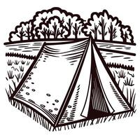 Detailed of tent in forest meadow with trees in the background vector