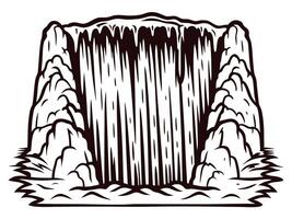 Majestic waterfall flowing over rocky cliffs in black and white artwork vector