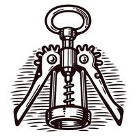 Vintage corkscrew with gear mechanism for wine bottles in retro sketch vector
