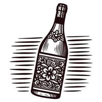 Decorative wine bottle design with intricate floral patterns in black and white line art vector
