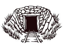 Railway entrance to a rocky tunnel surrounded by grass and stones vector