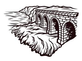 Vintage coastal aqueduct drawing with arched stone bridge and ocean cliffs in black and white vector
