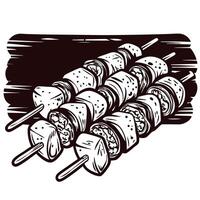 Grilled meat skewers with vegetables on rustic wooden background vector