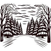Winter forest pathway surrounded by snow covered pines and bare trees at dusk vector