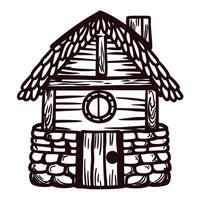 Rustic wooden cabin with stone foundation and circular window design vector