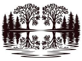 Symmetrical reflections of twin trees on a calm lakeside with pine forest background vector