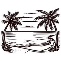 Tropical beach scene with palm trees and ocean waves in black and white vector