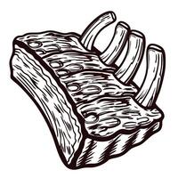Detailed engraving of pork ribs with bone, showcasing culinary art in black and white vector