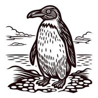 Penguin standing on rocky shoreline with ocean backdrop in black and white vector