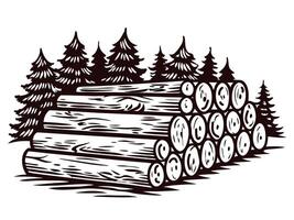 Stacked logs in a forest with pine trees in black and white vector