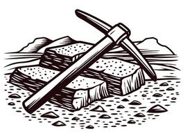 Mining tools and rock layers in rugged mountain landscape vector