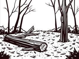 Forest scene with fallen tree and bare trees in a black and white graphic art vector