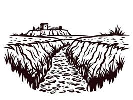 Rustic landscape with a river running through a rugged gorge and isolated house on a cliff vector