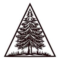 Vintage triangle design featuring evergreen tree in black and white silhouette vector