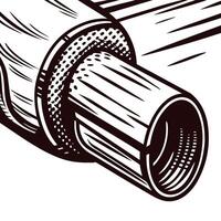 Close up of black and white etching of a pipe joint with detailed crosshatch shading vector
