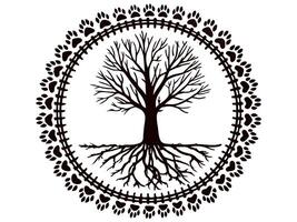 Silhouette of tree with roots encircled by animal paw prints in artistic design vector
