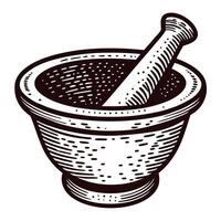 Vintage mortar and pestle sketch with detailed engraving design in black and white vector