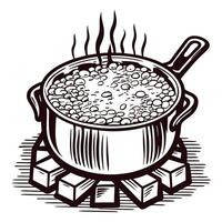Boiling soup in pot over open flames with detailed bubbling vector