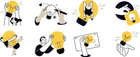 Big idea. Set of illustrations of big idea, startup, creative and business idea, tips, brainstorming, project development, innovative solutions, social media and marketing. vector