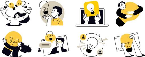 All good ideas. Set of illustrations of big idea, startup, creative and business idea, tips, brainstorming, project development, innovative solutions, social media and marketing. vector