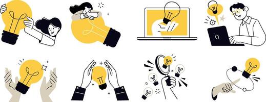Set of illustrations of big idea, startup, creative and business idea, tips, brainstorming, project development, innovative solutions, social media and marketing. vector
