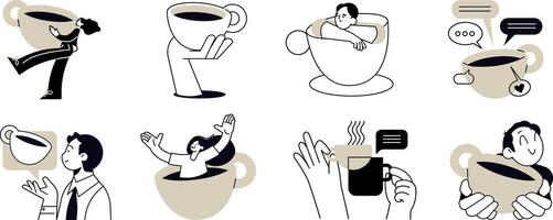 Take a break. illustrations of people enjoying free time, drinking coffee, daily routine, invitation to hang out, for social media stickers and posts, marketing, restaurants and coffee bars. vector