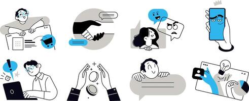 Set of people illustrations in various activities of online marketing, social media, networking, internet advertising, promotion, e-commerce. vector